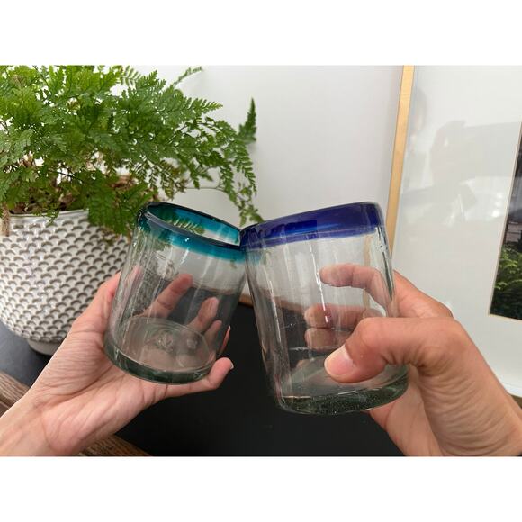 Vintage Mexican Hand Blown Cobalt Blue & Teal-Rimmed Glasses / Juice Water Glass - Picture 2 of 9